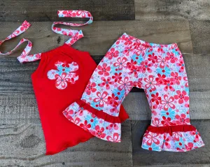 2T Red Aqua Flower Ruffled Capris Set