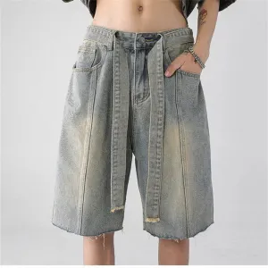 Advbridge  Women's Belt Drawstring Design Wide Leg Retro Denim Shorts Unisex Style Capris Summer Female High Waist Loose Short Jeans