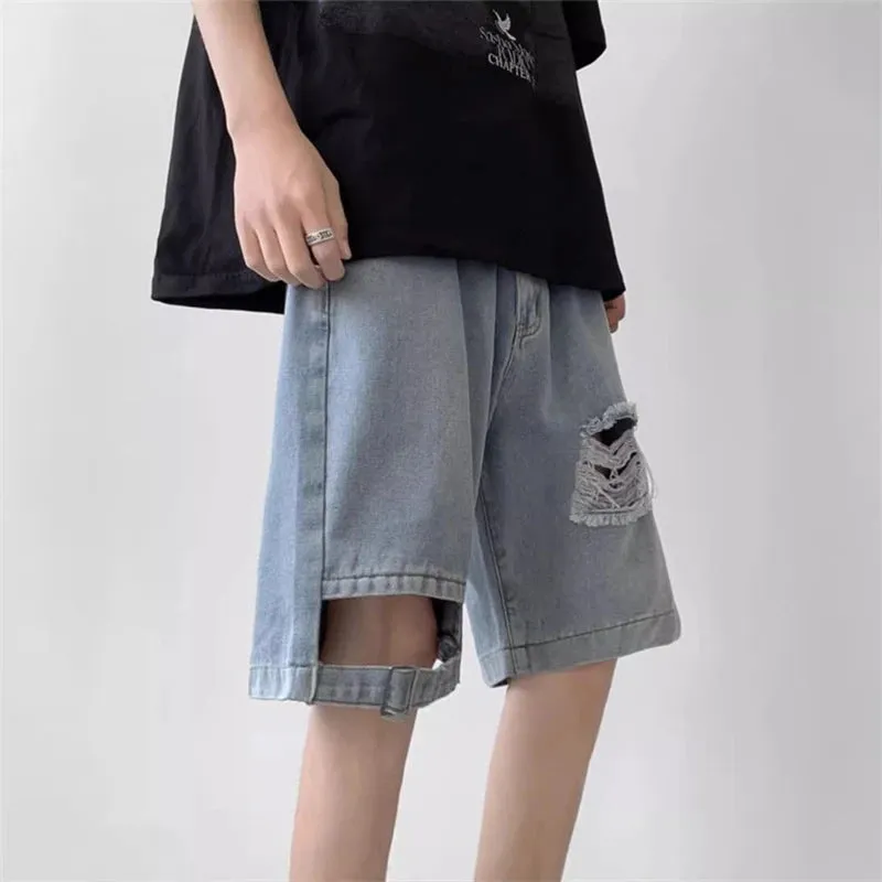 Advbridge  -  Women's Hollowed Out Hole Design Wide Leg Retro Denim Shorts Unisex Style Capris Summer Female High Waist Loose Short Jeans