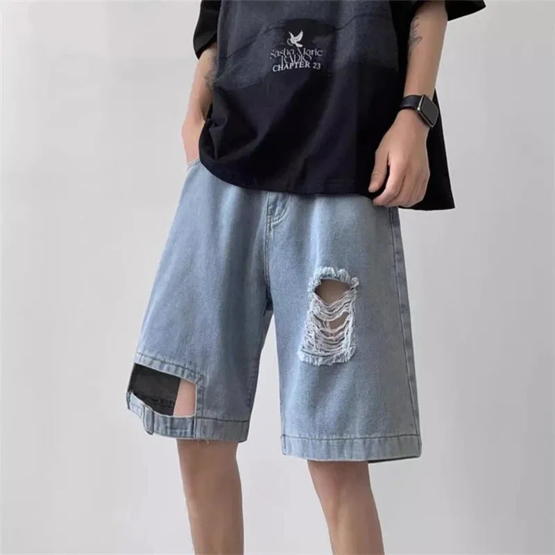 Advbridge  -  Women's Hollowed Out Hole Design Wide Leg Retro Denim Shorts Unisex Style Capris Summer Female High Waist Loose Short Jeans