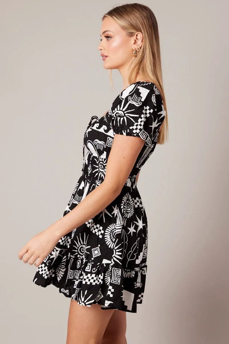 Black Abstract Fit And Flare Dress Puff Sleeve Mini