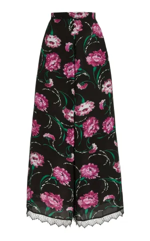 Black And Fuchsia Floral Silk Pant With Lace Detail