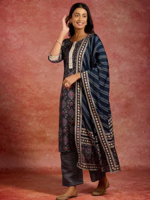 Blue Printed Silk Blend Straight Suit With Dupatta