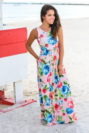 Blush and Red Floral Sleeveless Maxi Dress