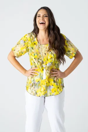 Buttercup Print Short Sleeve Linen/Silk Shirt