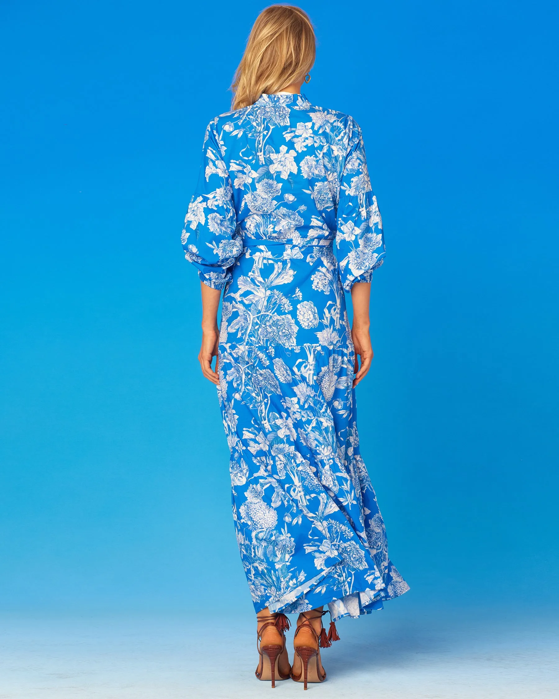 Camille Long Ruffle Dress in Blue and White Flora Toile