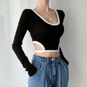 Casual Stripe Stitch Skinny Crop Top Autumn Tee Female Clothing Korean Fashion Cut out T shirt Basic All-Match Shirts