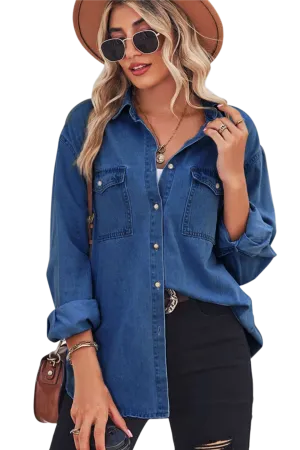 Collared Neck Dropped Shoulder Denim Top