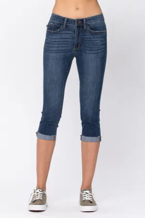 FINAL SALE - Mid Rise Raw Hem Cuff Capri Jeans