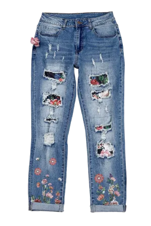 Floral Graphic Patchwork Distressed Jeans