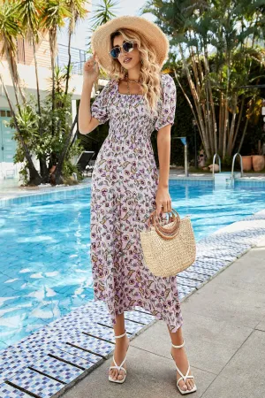 Floral Smocked Waist Puff Sleeve Tiered Dress