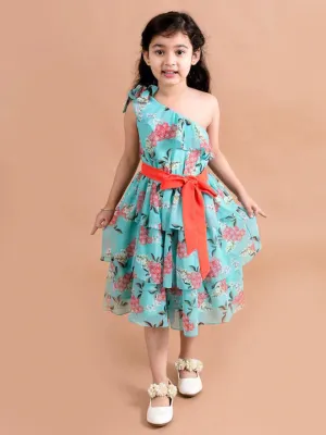 Girls Green Pink Floral One Shoulder Layered Georgette Midi Dress - Ps Peaches