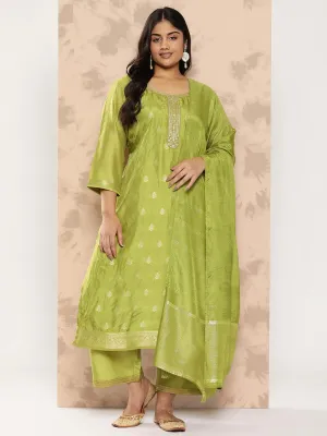 Green Embroidered Silk Blend Straight Kurta With Trousers and Dupatta