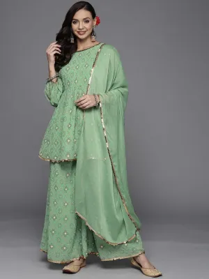 Green Printed Georgette A-Line Kurta With Palazzos & Dupatta