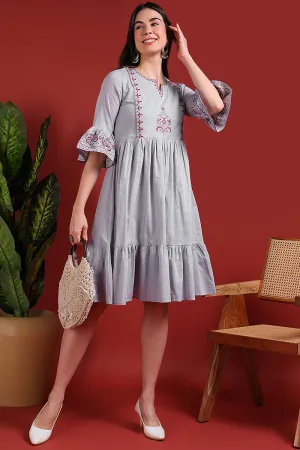 Grey Cotton Embroidered Fit And Flare Dress