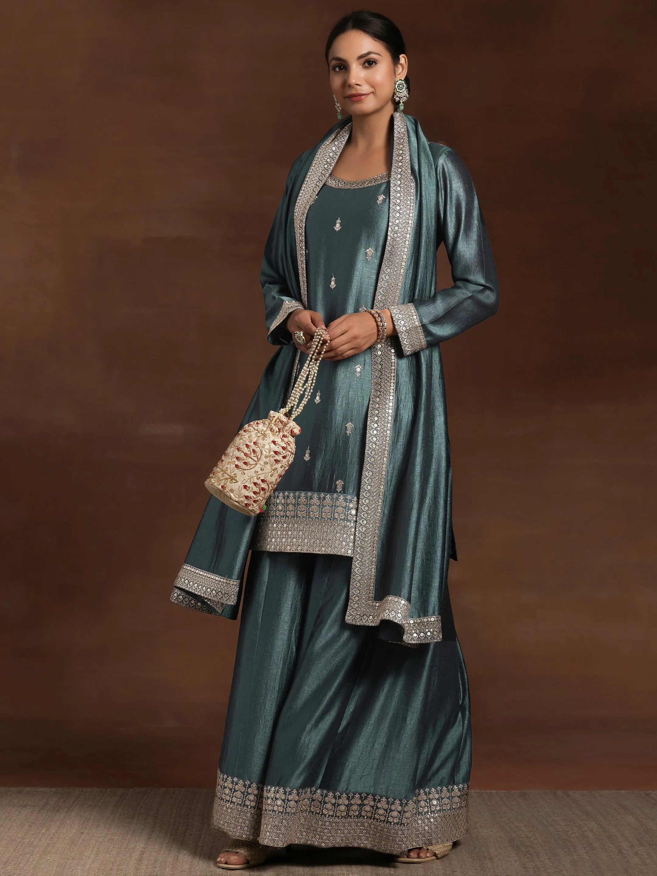 Grey Embroidered Silk Blend Pakistani Suit