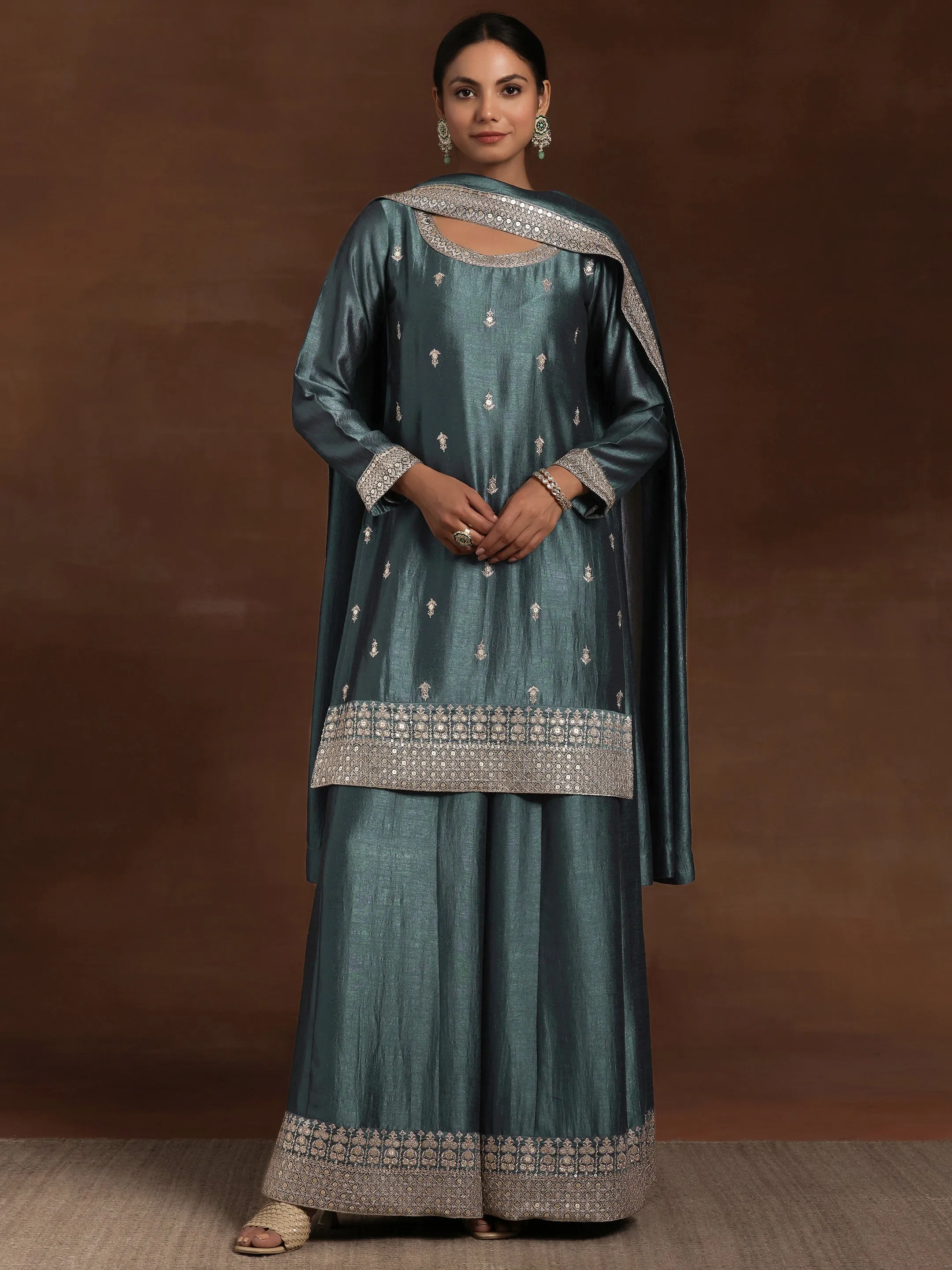 Grey Embroidered Silk Blend Pakistani Suit