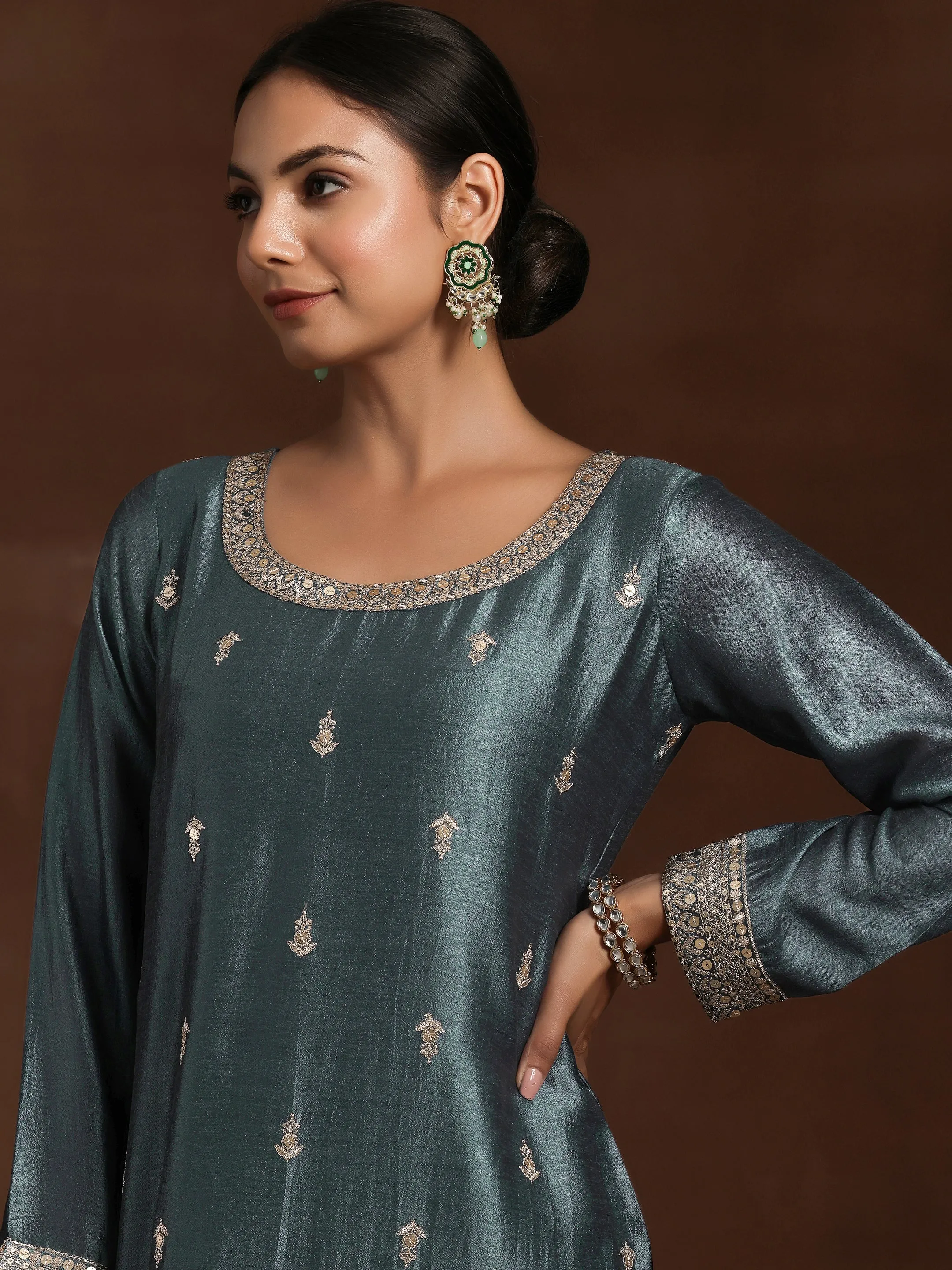 Grey Embroidered Silk Blend Pakistani Suit