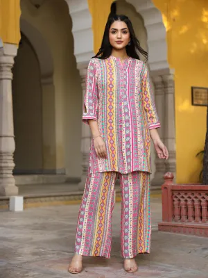 Jashvi Multi-Color Ethnic Motif Printed Rayon Kurta With Palazzos Set