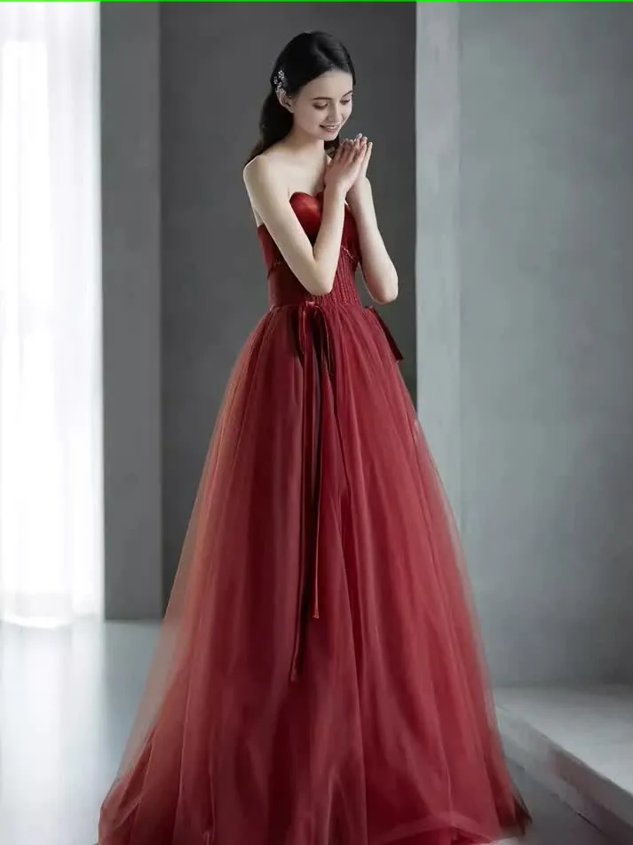 kamahe A line Burgundy Strapless Prom Dresses Evening Dress