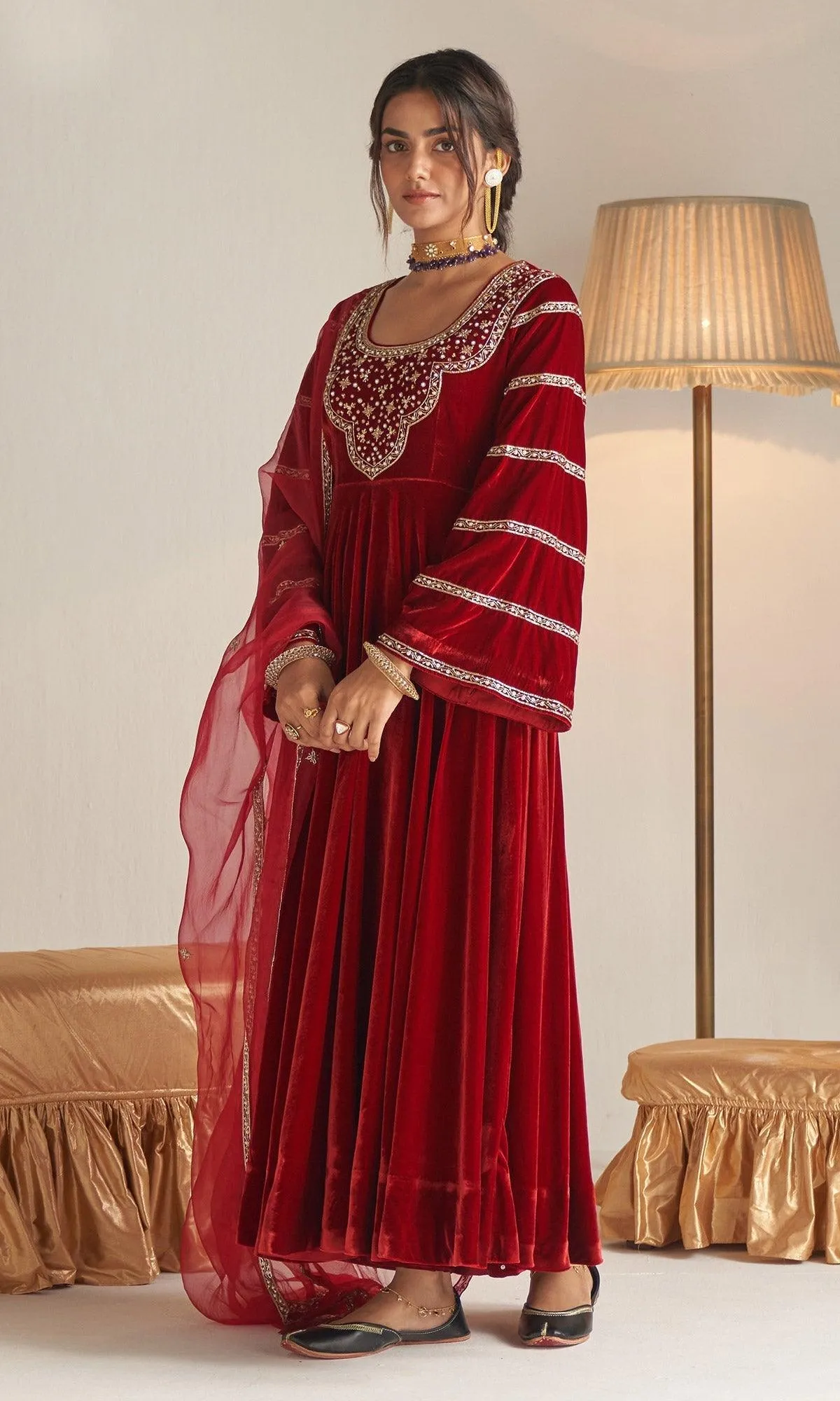 Khizaan Embroidered  Red  Embroidered Yoke velvet Anarkali set - set of 3 RTS