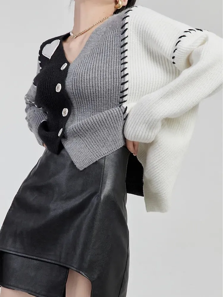 Knitting Sweater For Women V Neck Long Sleeve Patchwork Colorblock Single Breasted Cardigan Female Autumn