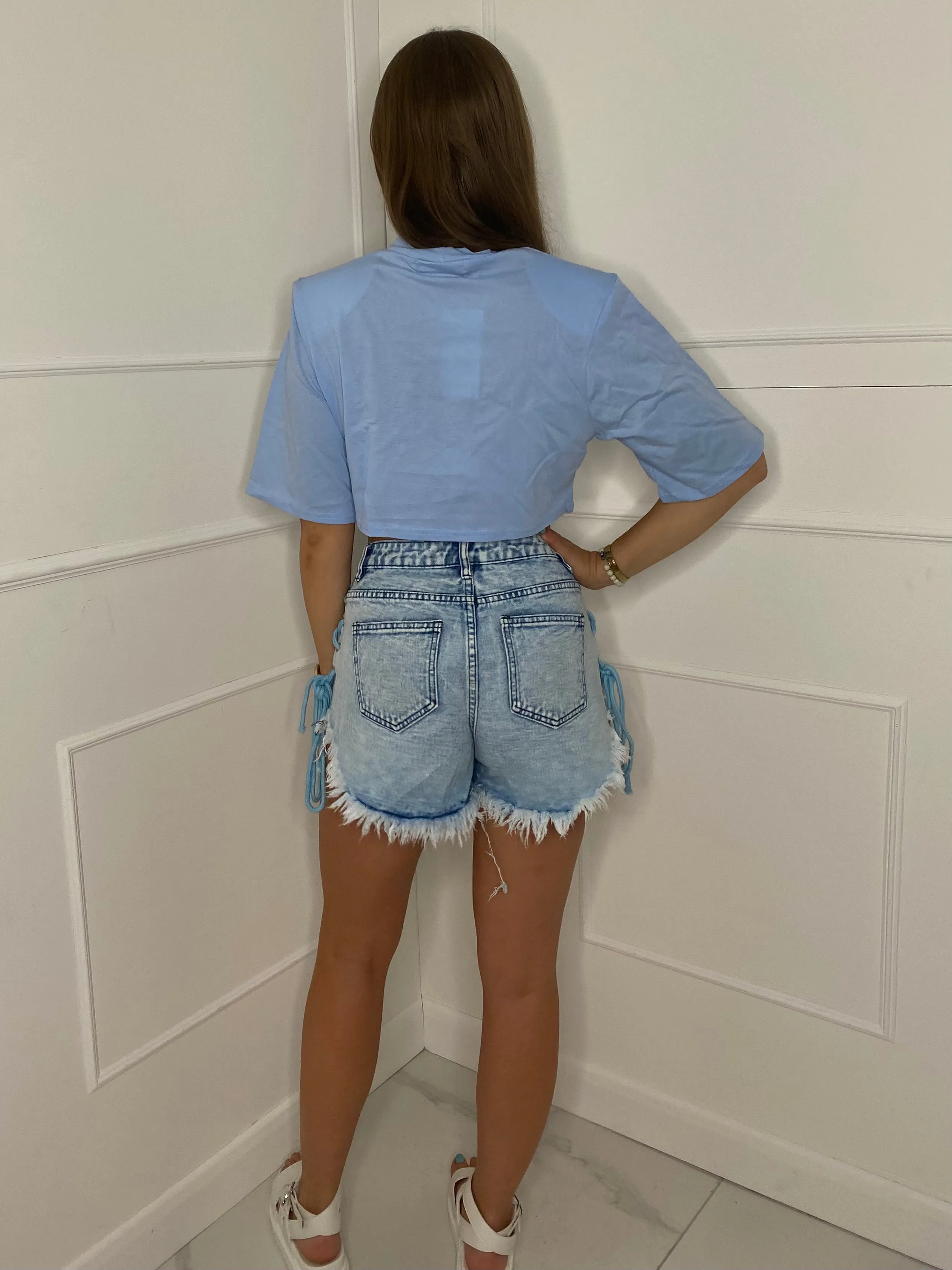 Lace Up String Denim Shorts - Blue/Baby Blue