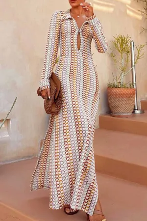 Lapel Crocheted Hollow V Neck Slit Dress