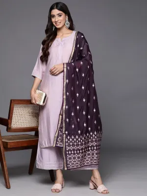 Mauve Solid Silk Blend Straight Suit With Dupatta