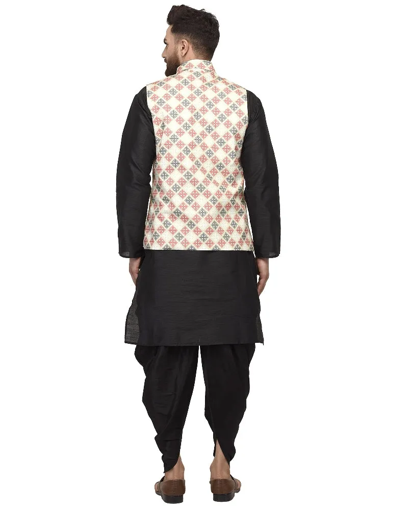 Men's Black Kurta With Dhoti & Green Printed Nehru Jacket - Benstoke