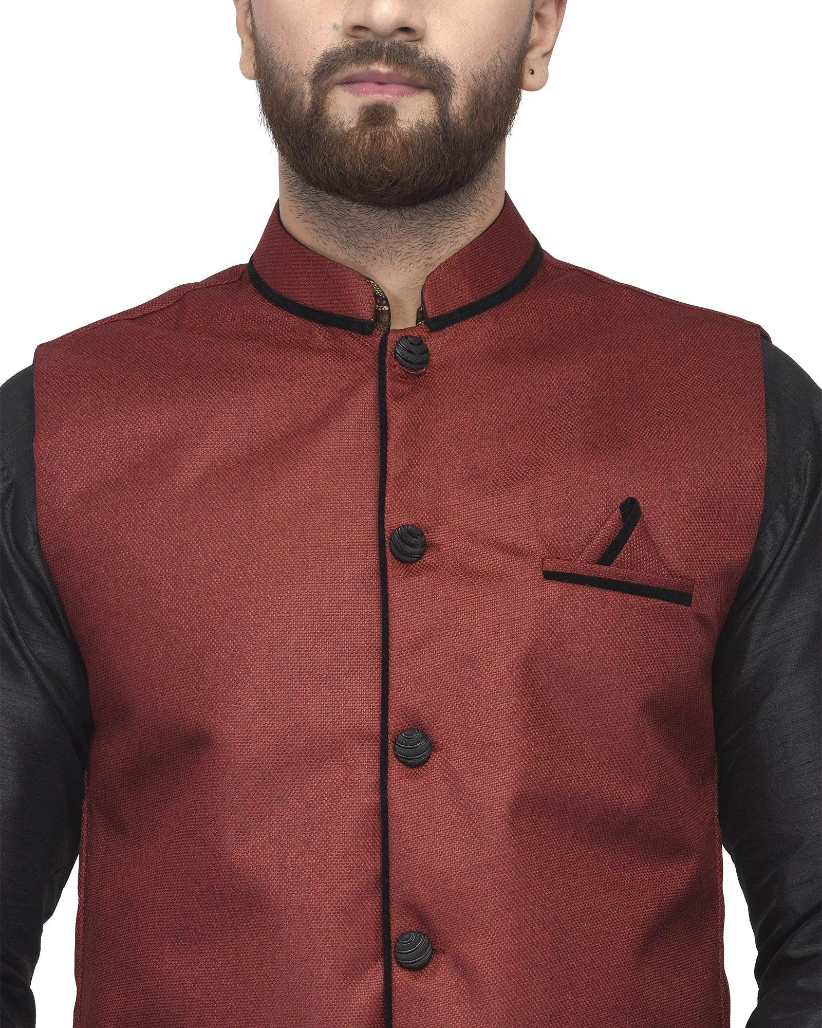 Men's Black Kurta With Dhoti & Maroon Solid Nehru Jacket - Benstoke