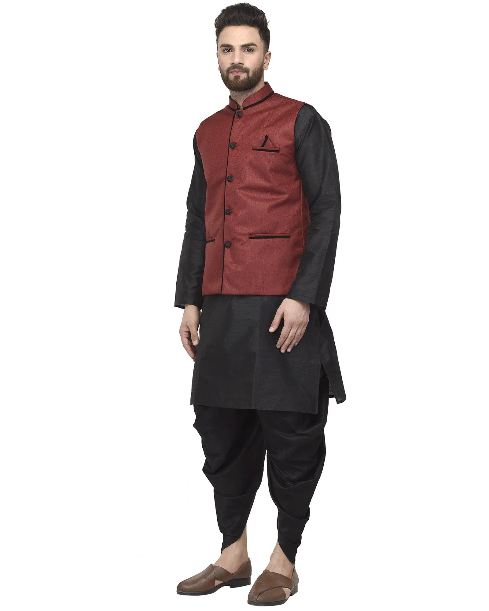 Men's Black Kurta With Dhoti & Maroon Solid Nehru Jacket - Benstoke