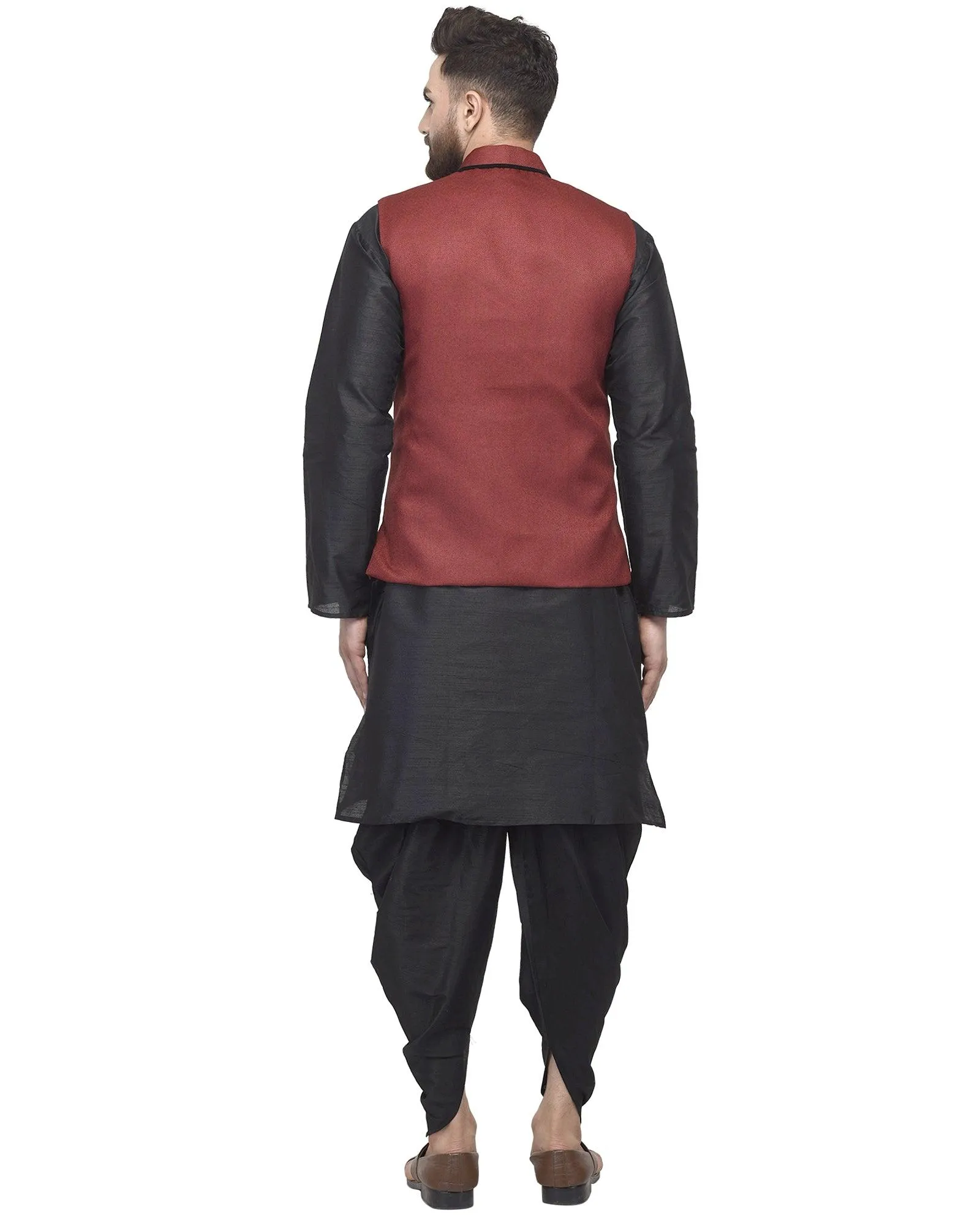 Men's Black Kurta With Dhoti & Maroon Solid Nehru Jacket - Benstoke