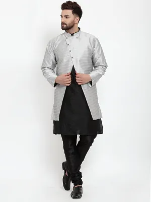 Men's Black Kurta With Pyjama & Grey Self Design Jacket - Benstoke