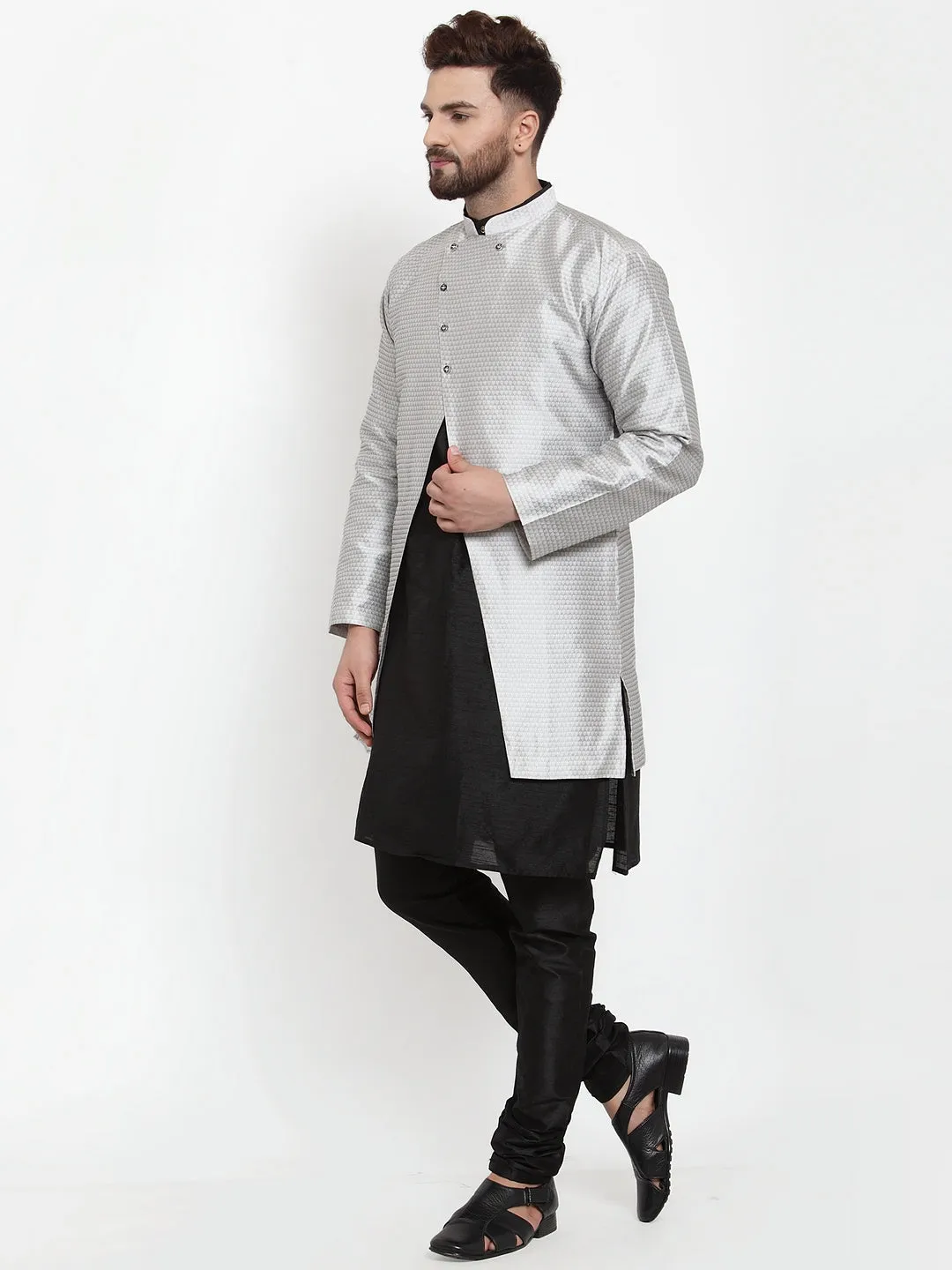 Men's Black Kurta With Pyjama & Grey Self Design Jacket - Benstoke