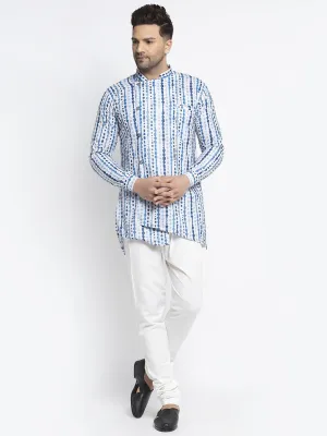 Men's Blue & White Printed Short Kurta With White Pyjama - Benstoke