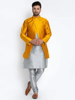 Men's Grey Kurta With Pyjama & Mustard Self Design Jacket - Benstoke