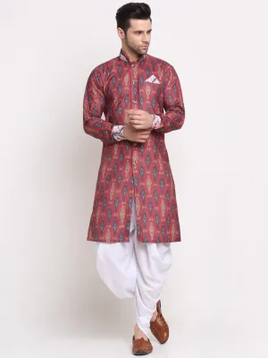 Men's Maroon & Navy Printed Kurta With White Dhoti Pant - Benstoke