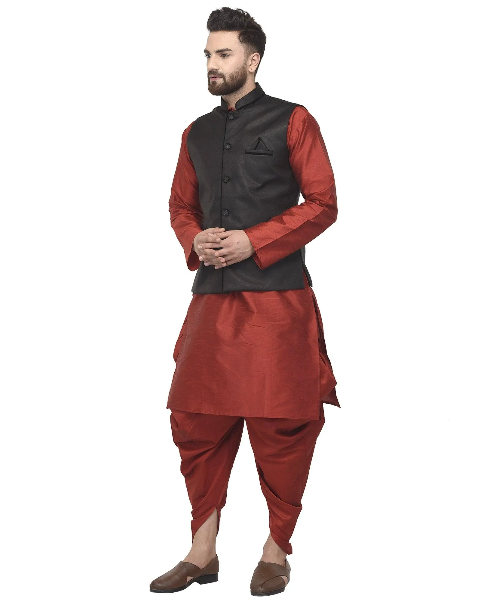 Men's Maroon Kurta With Dhoti & Black Solid Nehru Jacket - Benstoke