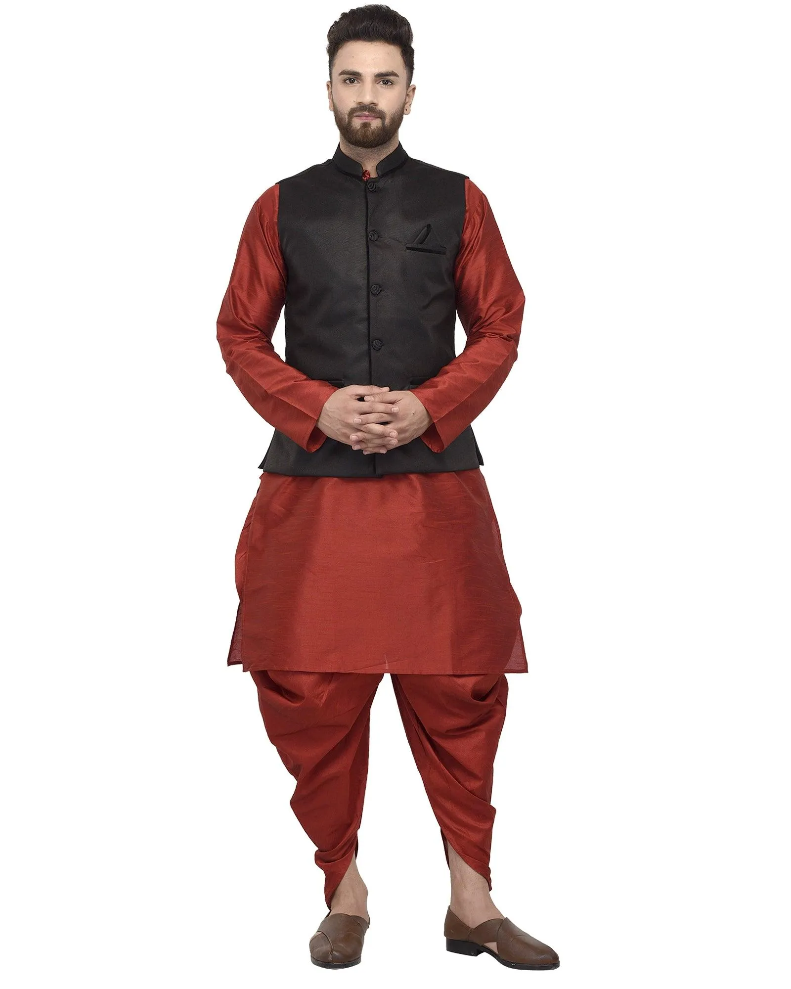 Men's Maroon Kurta With Dhoti & Black Solid Nehru Jacket - Benstoke