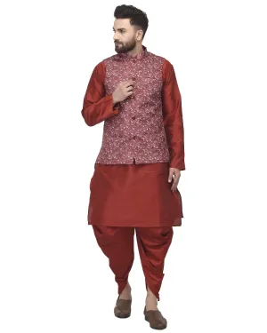 Men's Maroon Kurta With Dhoti & Maroon Printed Nehru Jacket - Benstoke