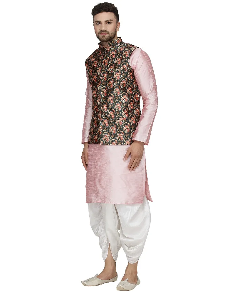 Men's Pink Kurta With White Dhoti & Dark Green Printed Nehru Jacket - Benstoke