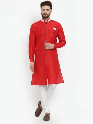 Men's Red Solid Kurta With White Churidaar Pyjama Set - Benstoke