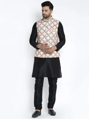 Men's Silk Blend Black Kurta With Pyjama & Green Printed Nehru Jacket - Benstoke