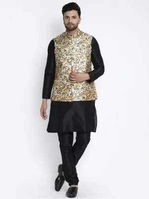 Men's Silk Blend Black Kurta With Pyjama & Lime Green Printed Nehru Jacket - Benstoke