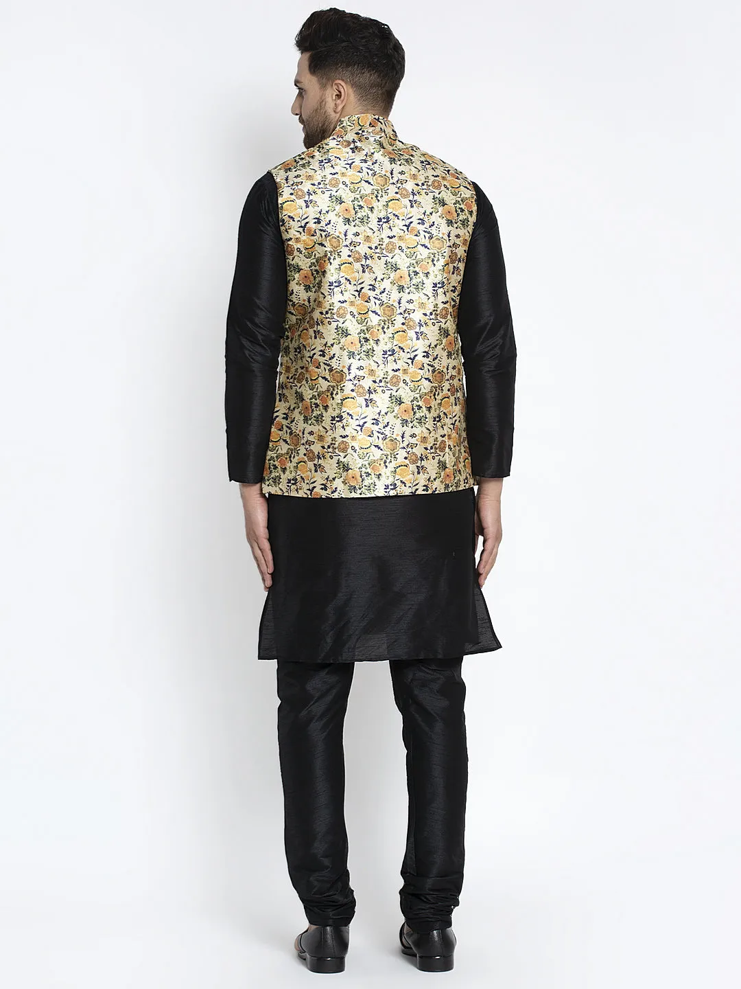 Men's Silk Blend Black Kurta With Pyjama & Lime Green Printed Nehru Jacket - Benstoke