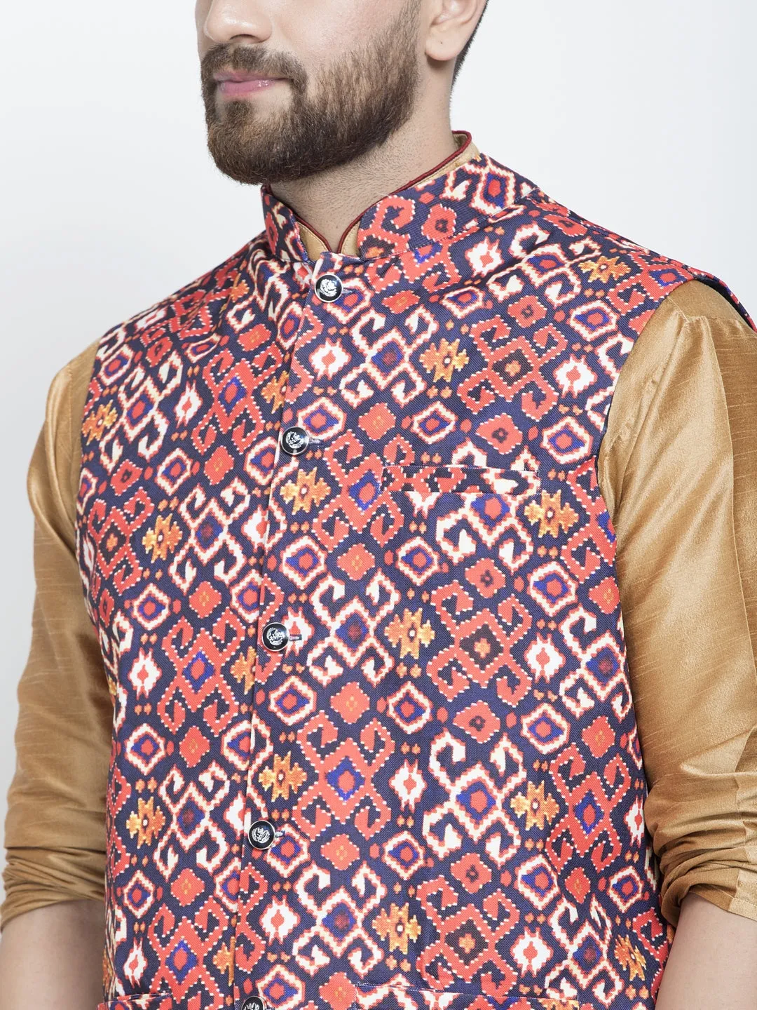 Men's Silk Blend Copper Kurta With Pyjama & Navy Blue Printed Nehru Jacket - Benstoke