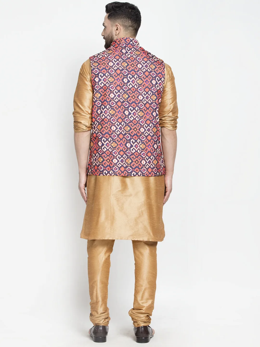 Men's Silk Blend Copper Kurta With Pyjama & Navy Blue Printed Nehru Jacket - Benstoke