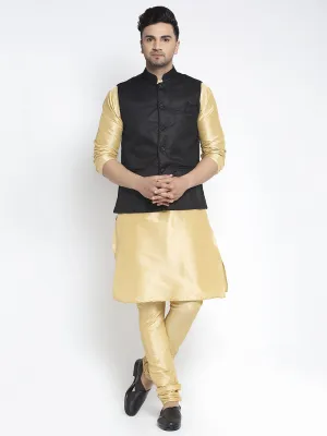 Men's Silk Blend Gold Kurta With Pyjama & Black Nehru Jacket - Benstoke