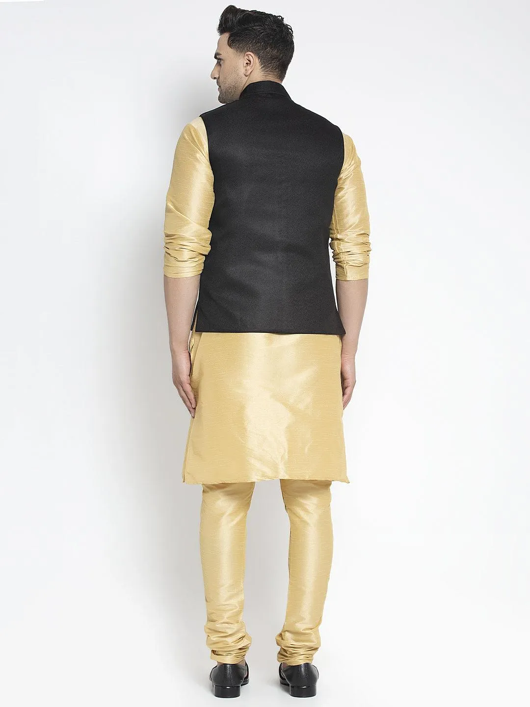 Men's Silk Blend Gold Kurta With Pyjama & Black Nehru Jacket - Benstoke